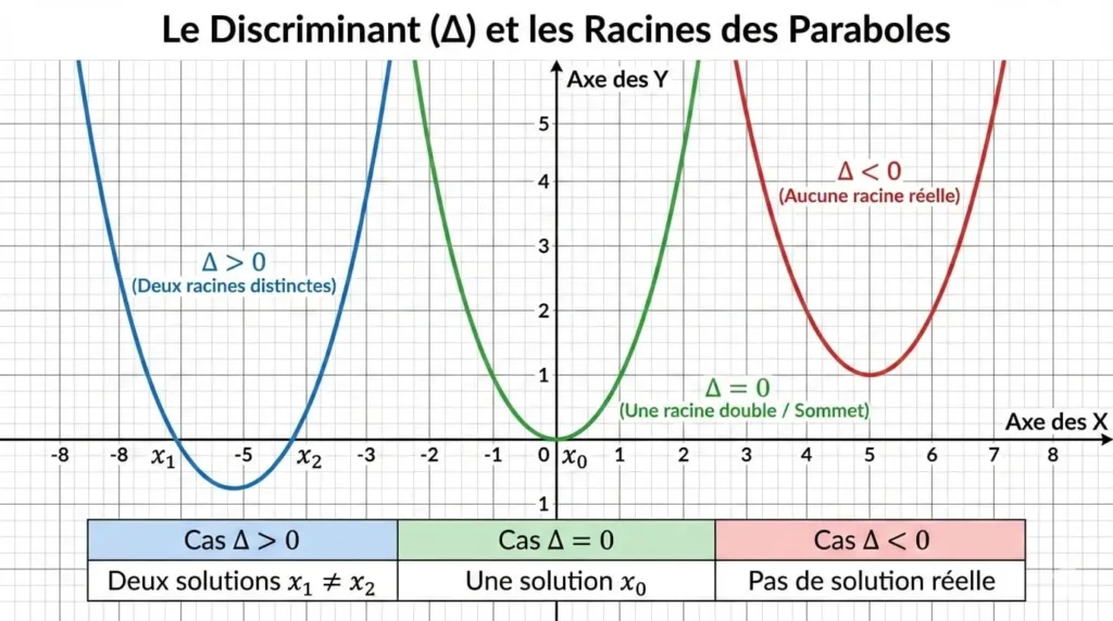 Équation du second degré - Représentations graphiques selon le discriminant