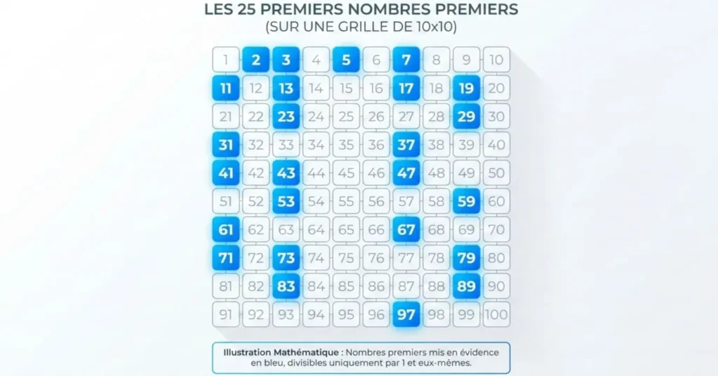 Nombre premier - Illustration des 25 premiers nombres premiers sur une grille de 100
