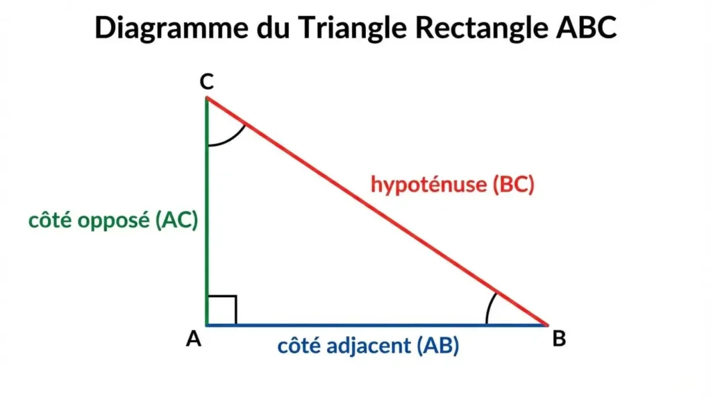 Trigonométrie - Triangle rectangle ABC avec identification des côtés