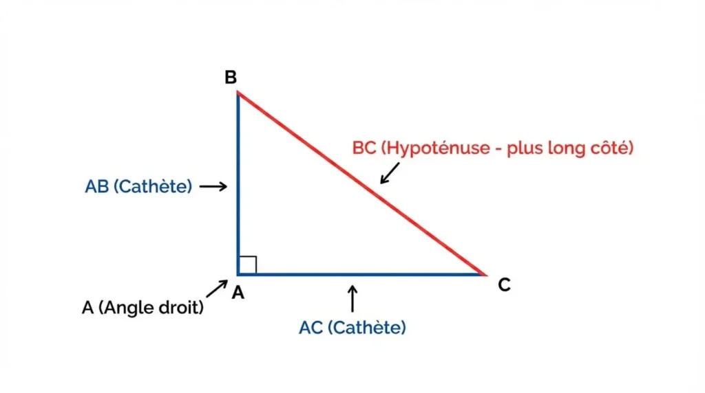 Théorème de Pythagore - Schéma d'un triangle rectangle ABC avec angle droit en A, hypoténuse BC et cathètes AB et AC