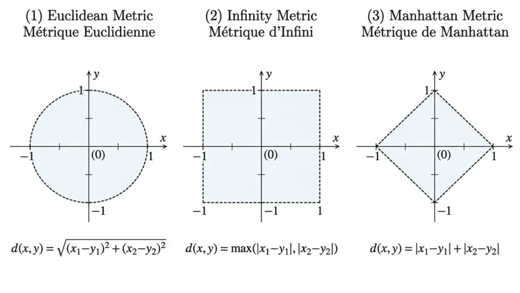Espace métrique - Comparaison des boules ouvertes dans R2 pour les distances euclidienne, infinie et de Manhattan