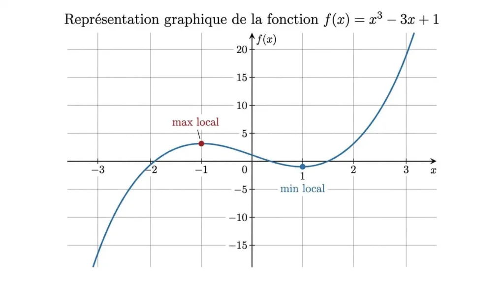 Étude de fonction  - Courbe représentative de f(x) = x³ - 3x + 1 avec maximum local en x = -1 et minimum local en x = 1