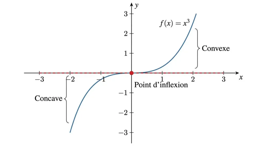 Courbe de x³ avec son point d'inflexion en 0, la tangente traversant la courbe en ce point