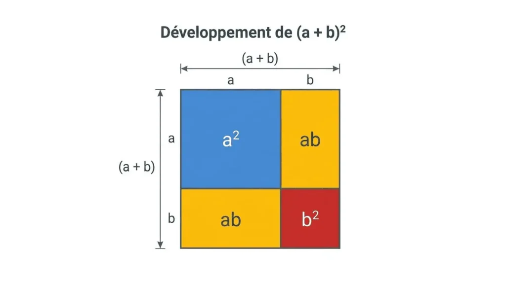 Preuve géométrique de l'identité remarquable (a+b)² = a² + 2ab + b² par décomposition d'un carré en quatre rectangles