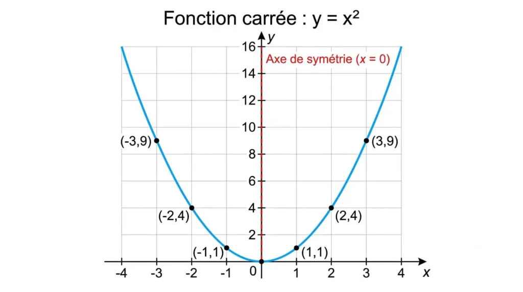 Représentation graphique de la fonction carré : parabole avec sommet en O, symétrique par rapport à l'axe des ordonnées, passant par les points (1,1), (2,4), (3,9) et leurs symétriques