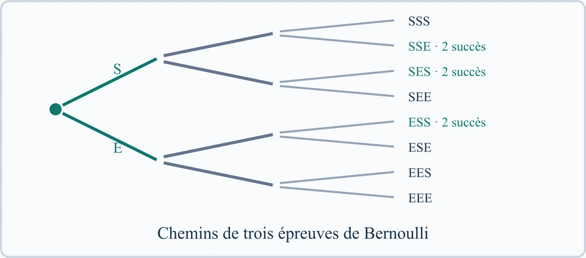 Chemins de trois épreuves de Bernoulli